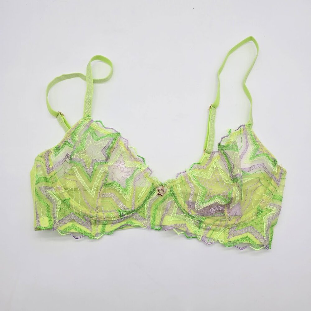 Savage X Fenty Lime Green Star Mesh Bra 32D Sheer Plunge